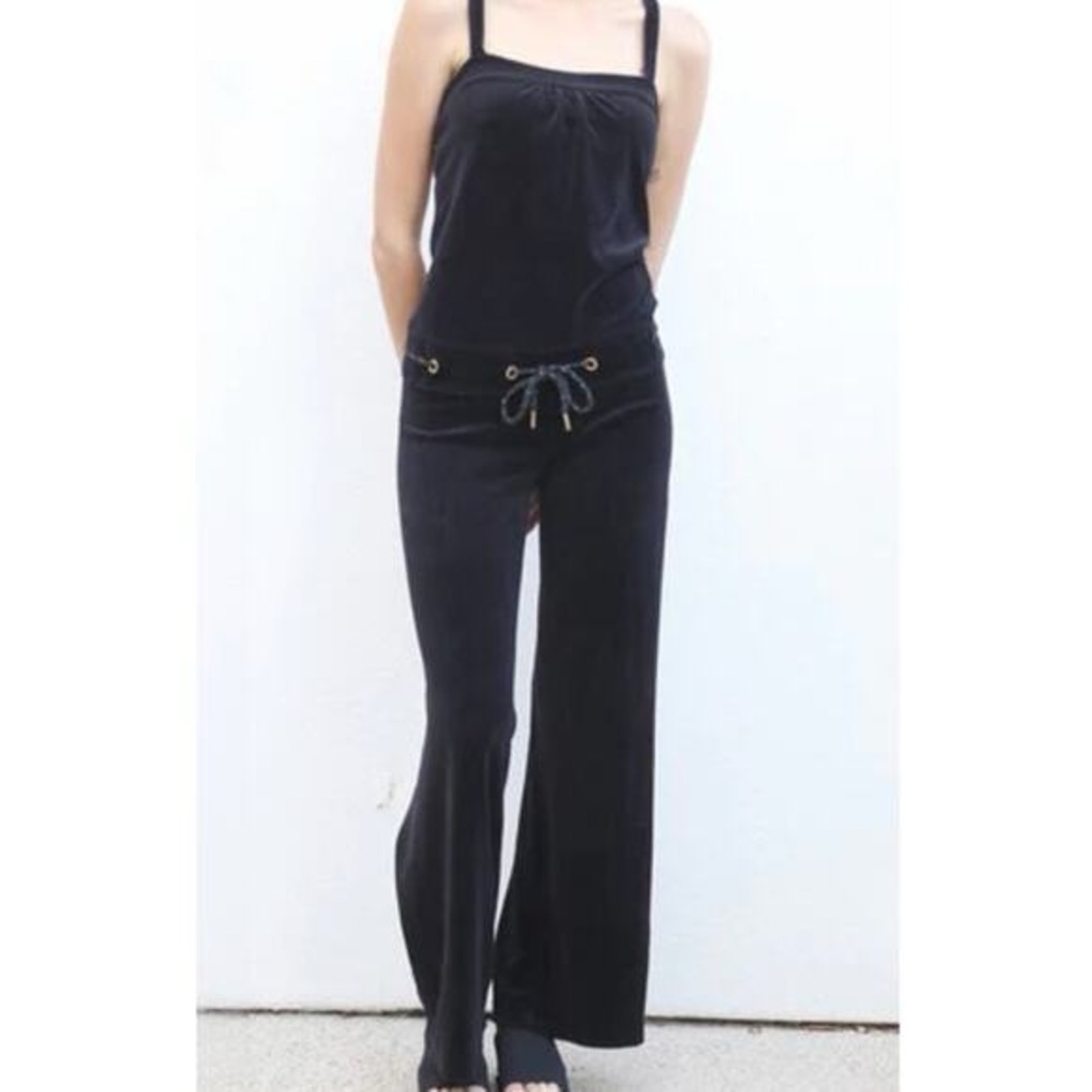 Juicy Couture Black Velour Wide-Leg Jumpsuit Drawstring Waist Spaghetti Straps